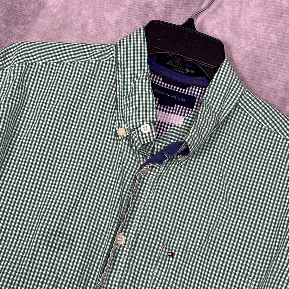 Tommy Hilfiger Button Down Mens Medium Green Gingham Excellent Fine Poplin Shirt